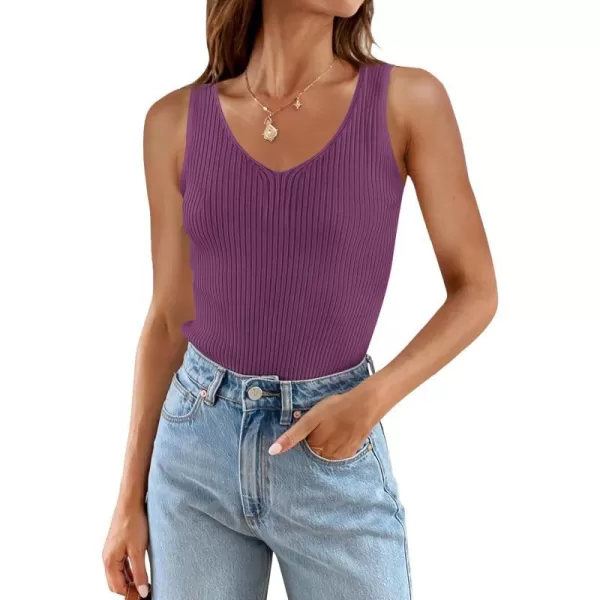 imageZESICA Womens 2024 Ribbed Tank Tops Summer Sleeveless V Neck Shirts Casual Sexy Slim Fitted Basic Knit TeesPurple