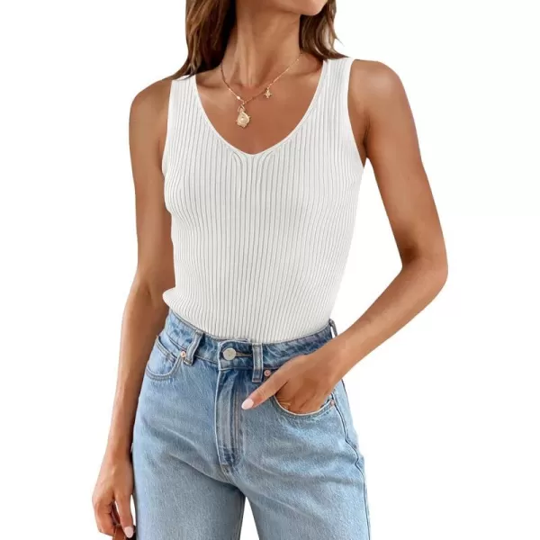 imageZESICA Womens 2024 Ribbed Tank Tops Summer Sleeveless V Neck Shirts Casual Sexy Slim Fitted Basic Knit TeesWhite