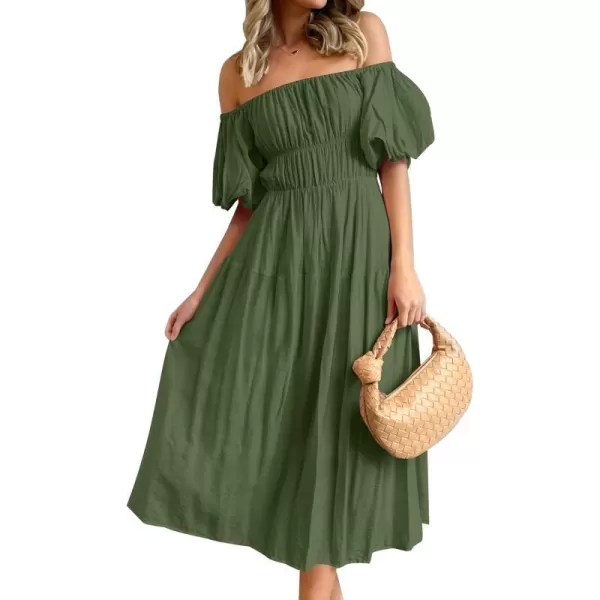 imageZESICA Womens 2024 Sexy Boho Off Shoulder Puff Short Sleeve High Waist Ruffled Flowy A Line Beach Party Midi DressArmygreen