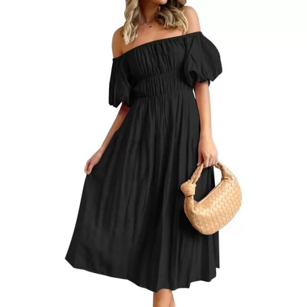 imageZESICA Womens 2024 Sexy Boho Off Shoulder Puff Short Sleeve High Waist Ruffled Flowy A Line Beach Party Midi DressBlack