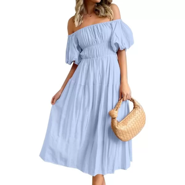 imageZESICA Womens 2024 Sexy Boho Off Shoulder Puff Short Sleeve High Waist Ruffled Flowy A Line Beach Party Midi DressBlue