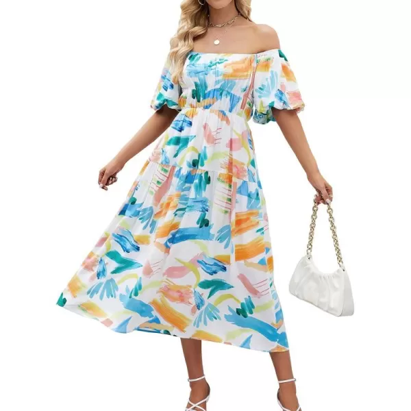 imageZESICA Womens 2024 Sexy Boho Off Shoulder Puff Short Sleeve High Waist Ruffled Flowy A Line Beach Party Midi DressContrastwhite