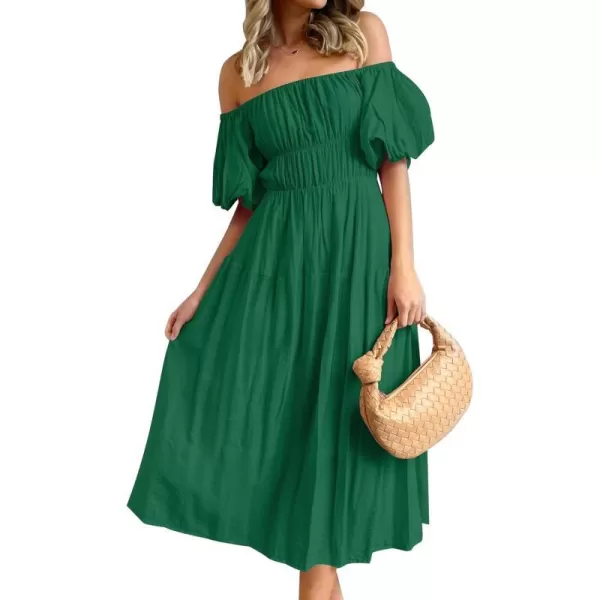 imageZESICA Womens 2024 Sexy Boho Off Shoulder Puff Short Sleeve High Waist Ruffled Flowy A Line Beach Party Midi DressDarkgreen
