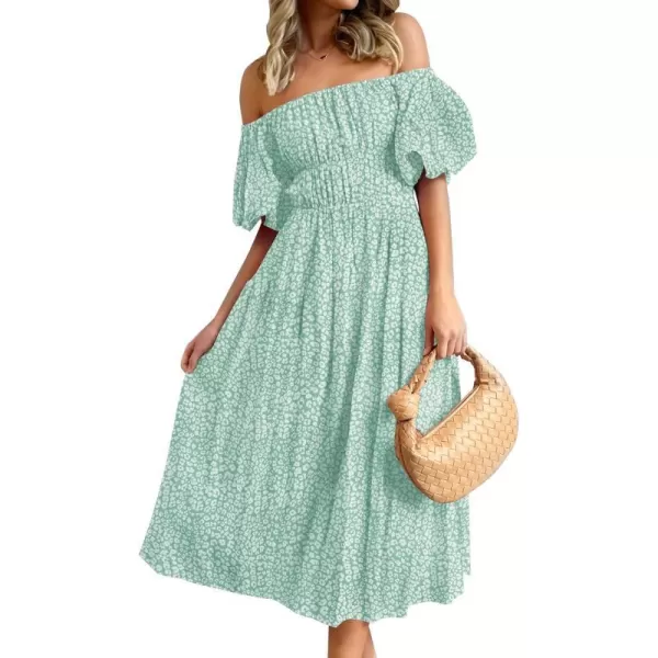 imageZESICA Womens 2024 Sexy Boho Off Shoulder Puff Short Sleeve High Waist Ruffled Flowy A Line Beach Party Midi DressGreen