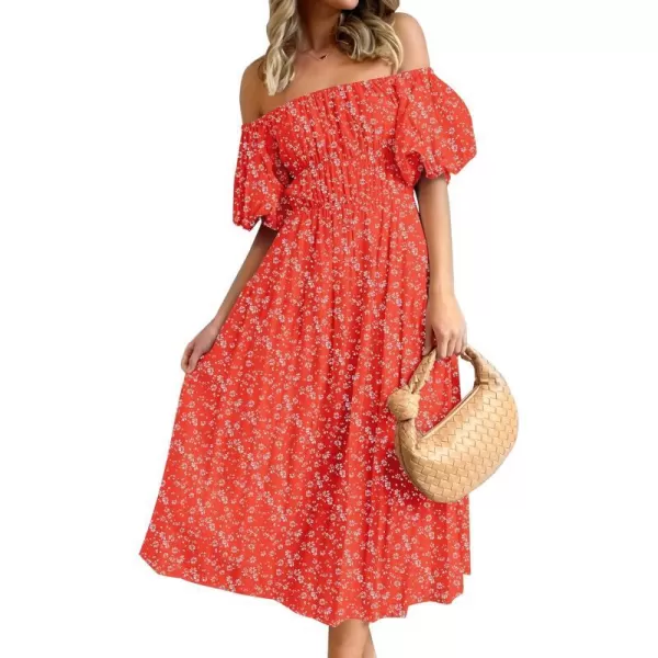 imageZESICA Womens 2024 Sexy Boho Off Shoulder Puff Short Sleeve High Waist Ruffled Flowy A Line Beach Party Midi DressRed