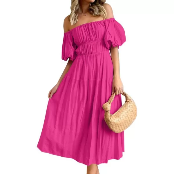 imageZESICA Womens 2024 Sexy Boho Off Shoulder Puff Short Sleeve High Waist Ruffled Flowy A Line Beach Party Midi DressRose