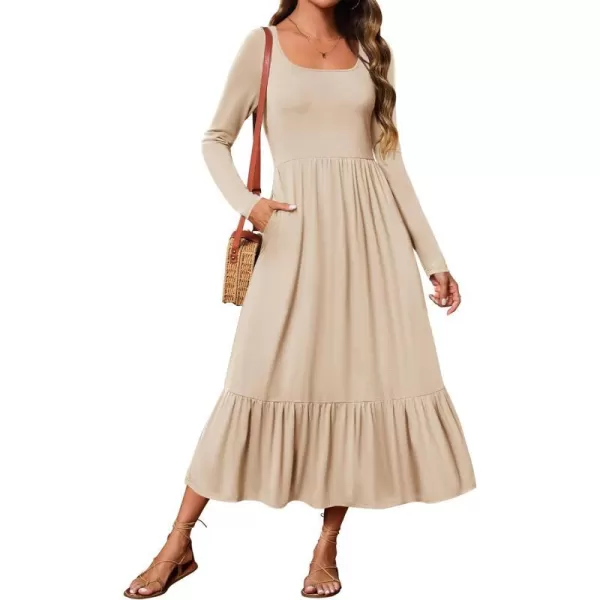 imageZESICA Womens 2024 Spring Dresses Long Sleeve Square Neck Summer Casual Swing Maxi Dress with PocketsApricot