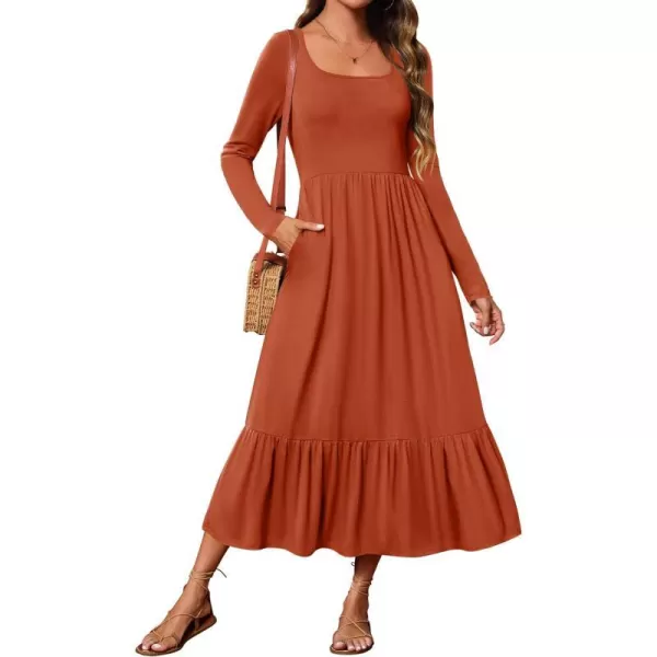 imageZESICA Womens 2024 Spring Dresses Long Sleeve Square Neck Summer Casual Swing Maxi Dress with PocketsRust