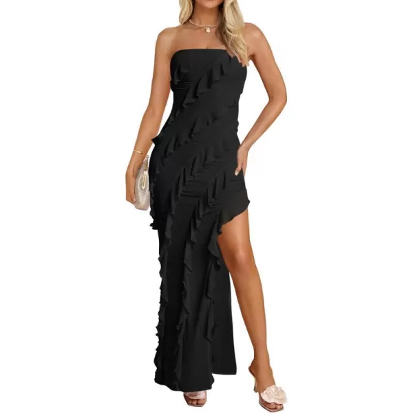 imageZESICA Womens 2024 Strapless Bodycon Dress Sexy Off Shoulder Mesh Tassel Ruffle Side Split Tube Party Maxi DressesBlack