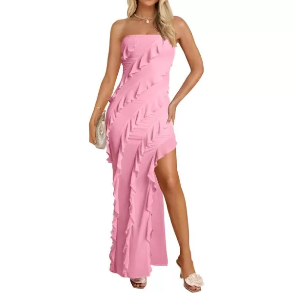 imageZESICA Womens 2024 Strapless Bodycon Dress Sexy Off Shoulder Mesh Tassel Ruffle Side Split Tube Party Maxi DressesPink