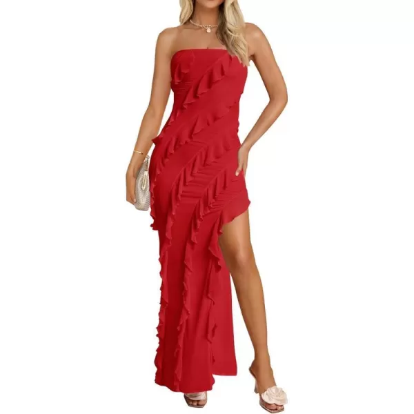 imageZESICA Womens 2024 Strapless Bodycon Dress Sexy Off Shoulder Mesh Tassel Ruffle Side Split Tube Party Maxi DressesRed