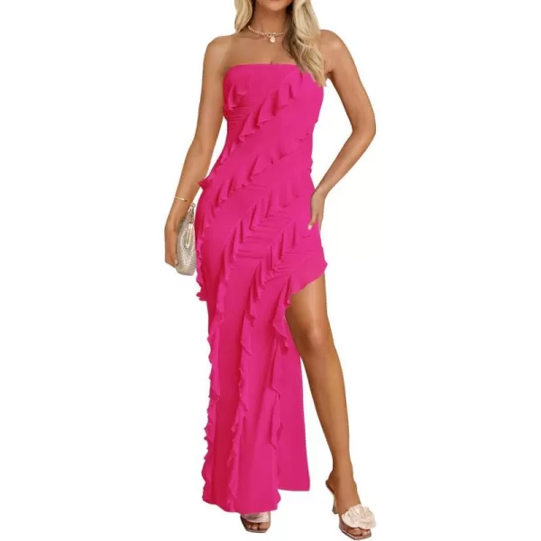 imageZESICA Womens 2024 Strapless Bodycon Dress Sexy Off Shoulder Mesh Tassel Ruffle Side Split Tube Party Maxi DressesRose