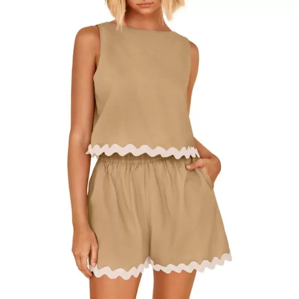 imageZESICA Womens 2024 Summer 2 Piece Outfits Set Linen Lace Trim Crewneck Tank Crop Top and Shorts Lounge Pajama SetsKhaki