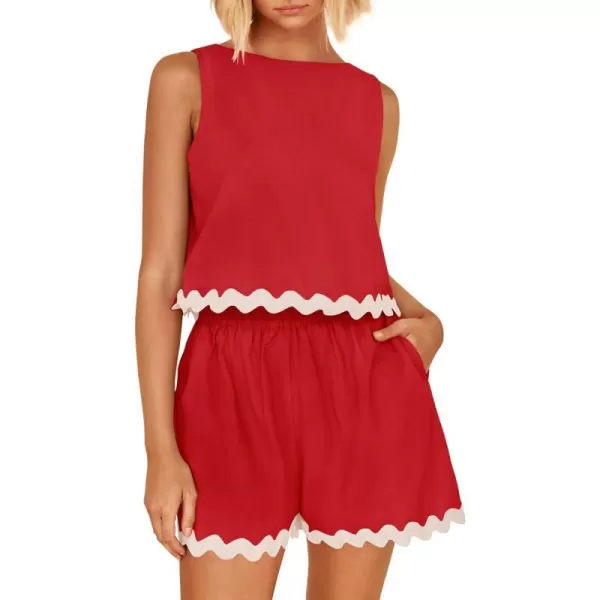 imageZESICA Womens 2024 Summer 2 Piece Outfits Set Linen Lace Trim Crewneck Tank Crop Top and Shorts Lounge Pajama SetsRed