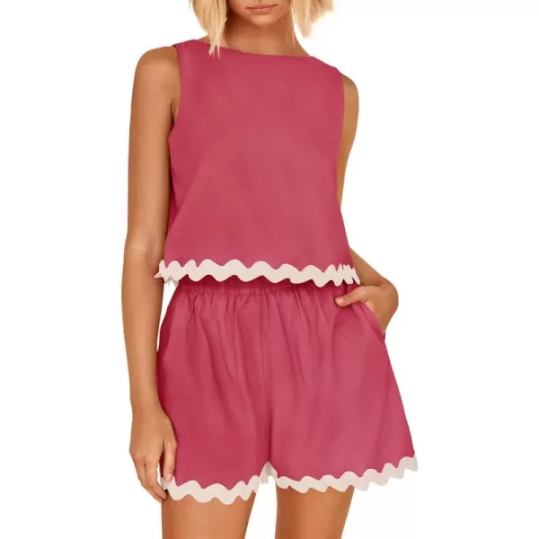 imageZESICA Womens 2024 Summer 2 Piece Outfits Set Linen Lace Trim Crewneck Tank Crop Top and Shorts Lounge Pajama SetsRose