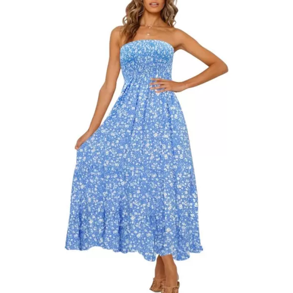 imageZESICA Womens 2024 Summer Bohemian Floral Printed Strapless Beach Party Long Maxi DressBlue