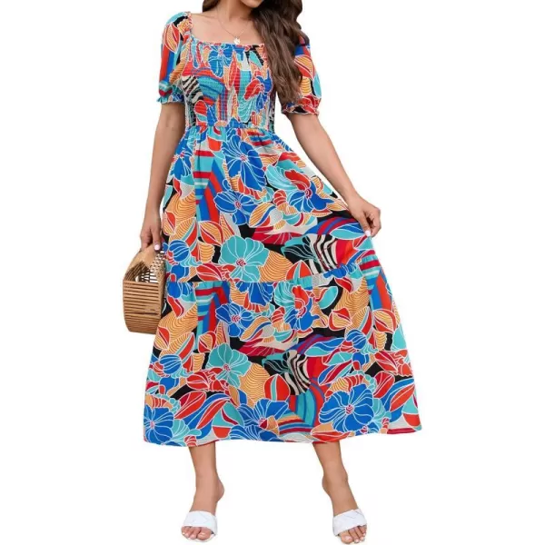 imageZESICA Womens 2024 Summer Boho Floral Print Square Neck Ruffle Swing Beach Long Maxi DressGreenblue