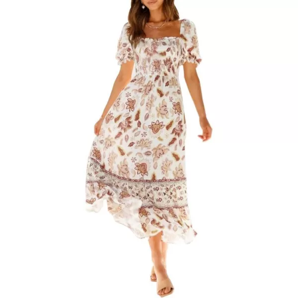 imageZESICA Womens 2024 Summer Boho Floral Print Square Neck Ruffle Swing Beach Long Maxi DressIvory