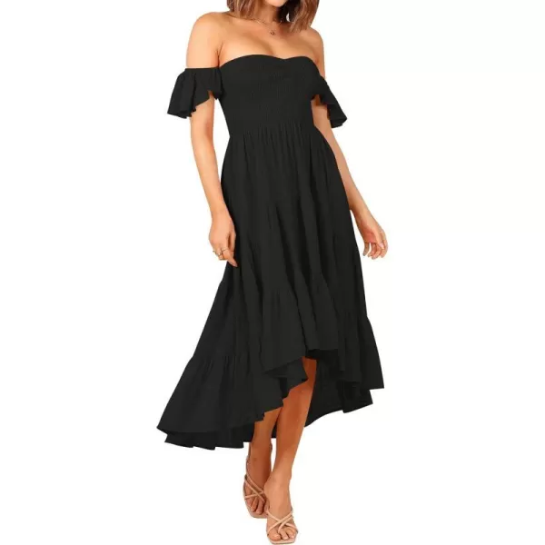 imageZESICA Womens 2024 Summer Boho Off Shoulder Short Sleeve Smocked Ruffle Swing High Low Mermaid Cocktail Party DressDarkblack