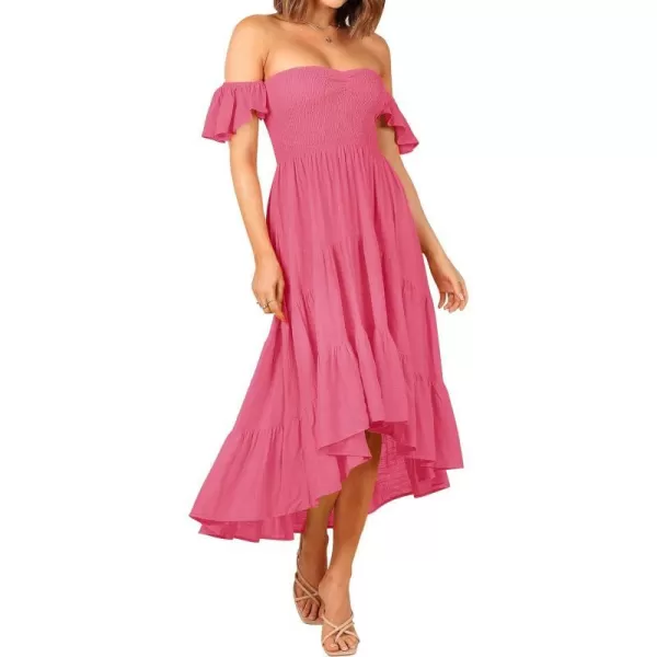 imageZESICA Womens 2024 Summer Boho Off Shoulder Short Sleeve Smocked Ruffle Swing High Low Mermaid Cocktail Party DressHotpink