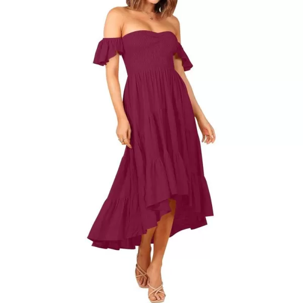 imageZESICA Womens 2024 Summer Boho Off Shoulder Short Sleeve Smocked Ruffle Swing High Low Mermaid Cocktail Party DressPlum