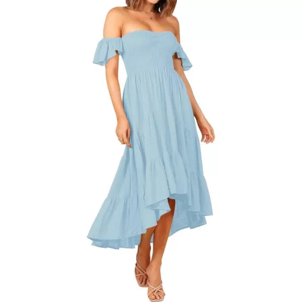 imageZESICA Womens 2024 Summer Boho Off Shoulder Short Sleeve Smocked Ruffle Swing High Low Mermaid Cocktail Party DressSkyblue