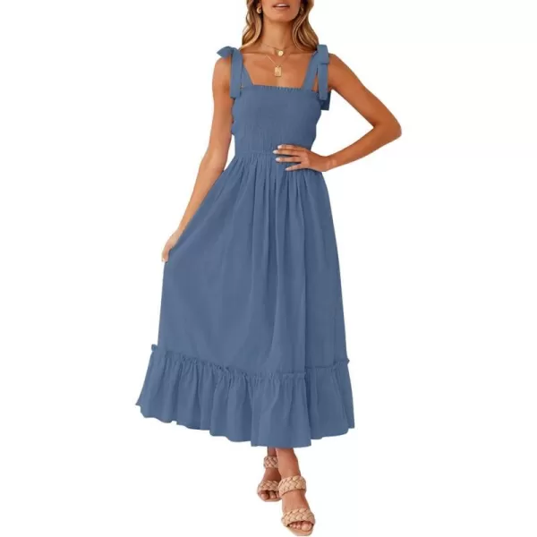 imageZESICA Womens 2024 Summer Boho Spaghetti Strap Square Neck Solid Color Ruffle A Line Beach Long Maxi DressDustyblue