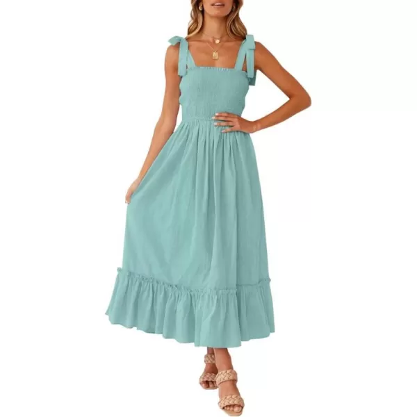 imageZESICA Womens 2024 Summer Boho Spaghetti Strap Square Neck Solid Color Ruffle A Line Beach Long Maxi DressSage