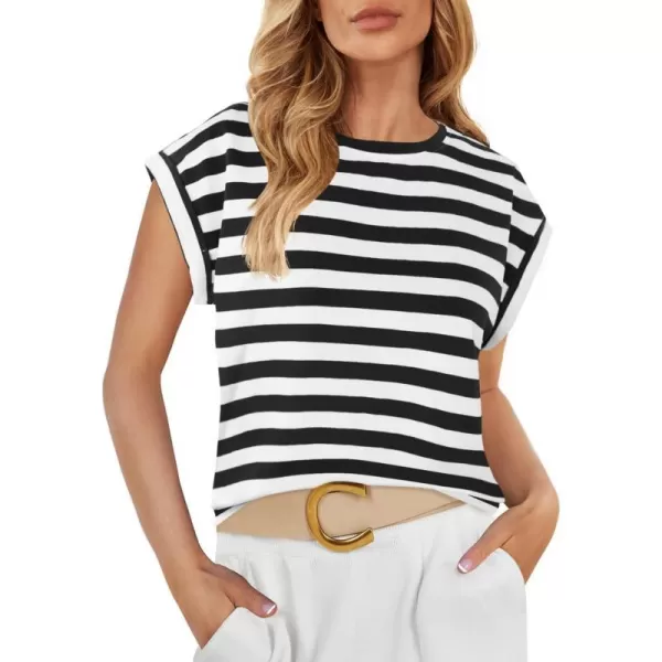 imageZESICA Womens 2024 Summer Cap Sleeve Crewneck Crop Tops Casual Loose Striped TShirts Basic TeesBlack