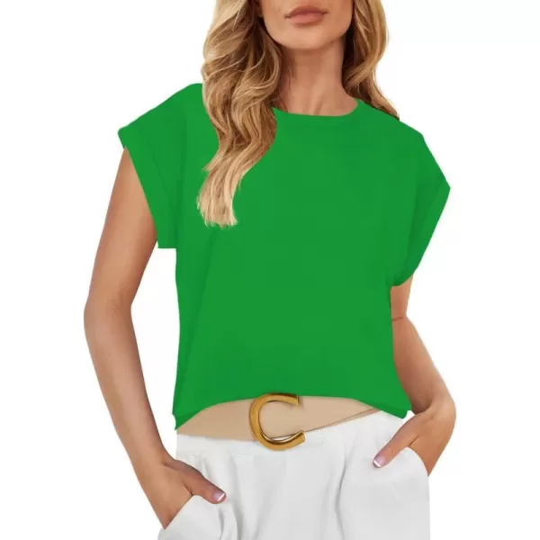 imageZESICA Womens 2024 Summer Cap Sleeve Crewneck Crop Tops Casual Loose Striped TShirts Basic TeesBrightgreen