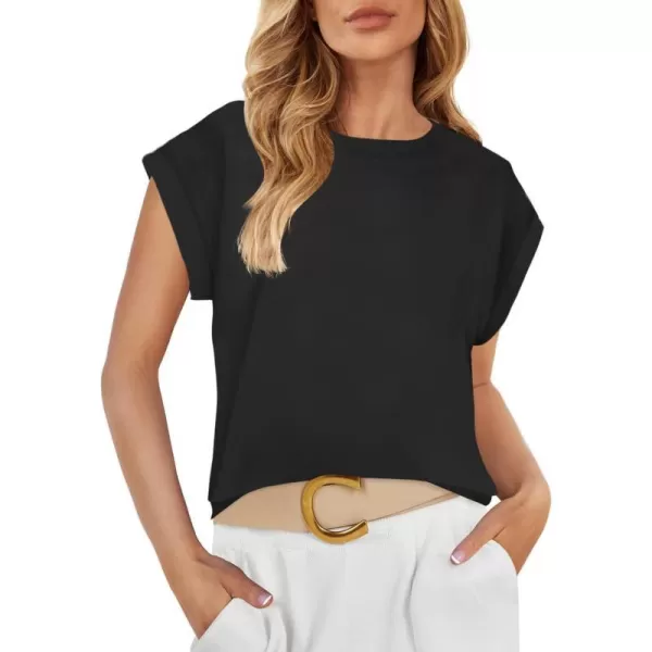 imageZESICA Womens 2024 Summer Cap Sleeve Crewneck Crop Tops Casual Loose Striped TShirts Basic TeesDarkblack
