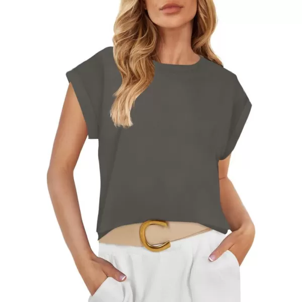 imageZESICA Womens 2024 Summer Cap Sleeve Crewneck Crop Tops Casual Loose Striped TShirts Basic TeesDarkgrey