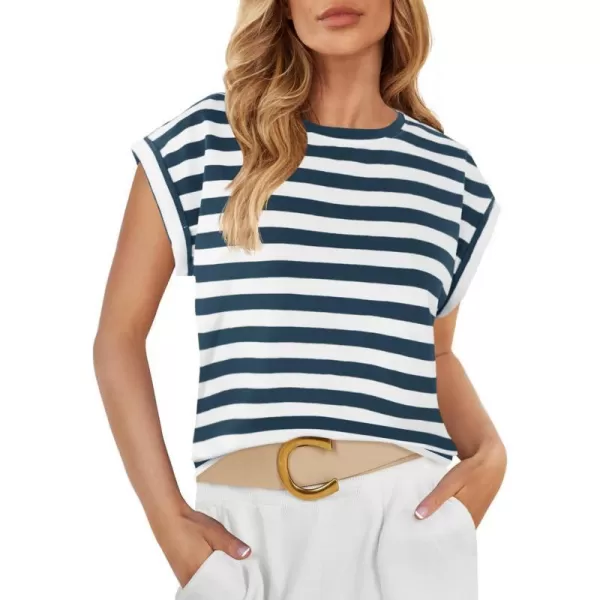 imageZESICA Womens 2024 Summer Cap Sleeve Crewneck Crop Tops Casual Loose Striped TShirts Basic TeesDustyblue