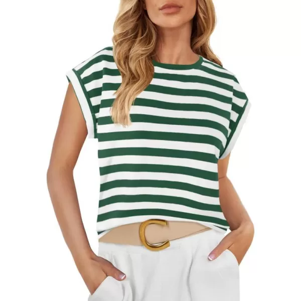 imageZESICA Womens 2024 Summer Cap Sleeve Crewneck Crop Tops Casual Loose Striped TShirts Basic TeesGreen