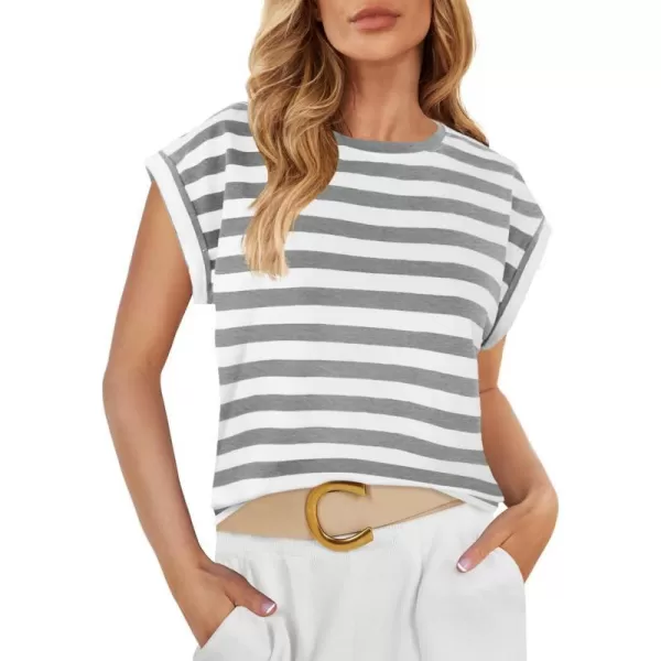 imageZESICA Womens 2024 Summer Cap Sleeve Crewneck Crop Tops Casual Loose Striped TShirts Basic TeesGrey