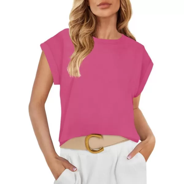 imageZESICA Womens 2024 Summer Cap Sleeve Crewneck Crop Tops Casual Loose Striped TShirts Basic TeesHotpink