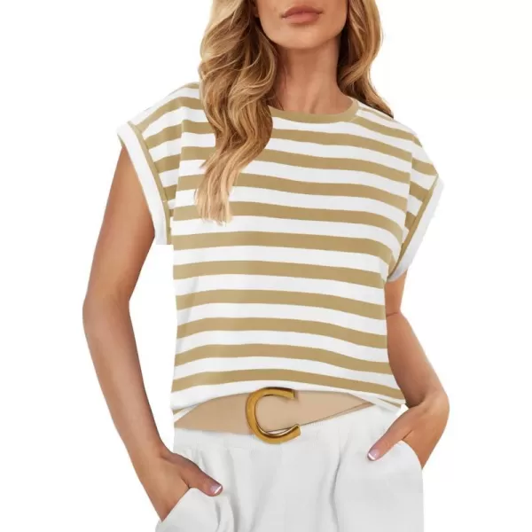 imageZESICA Womens 2024 Summer Cap Sleeve Crewneck Crop Tops Casual Loose Striped TShirts Basic TeesKhaki