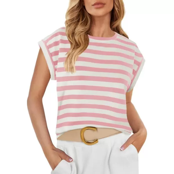 imageZESICA Womens 2024 Summer Cap Sleeve Crewneck Crop Tops Casual Loose Striped TShirts Basic TeesPink
