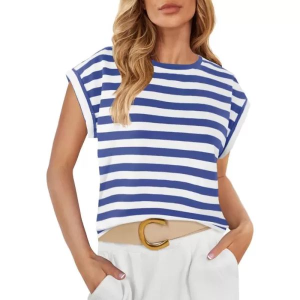 imageZESICA Womens 2024 Summer Cap Sleeve Crewneck Crop Tops Casual Loose Striped TShirts Basic TeesRoyalblue
