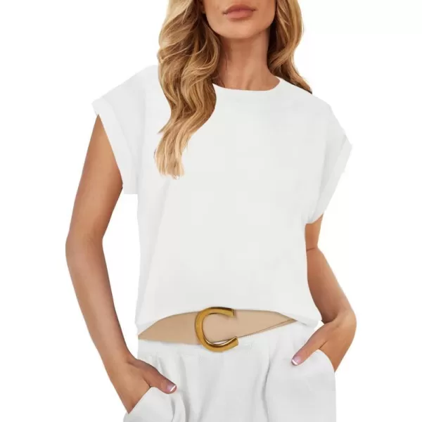 imageZESICA Womens 2024 Summer Cap Sleeve Crewneck Crop Tops Casual Loose Striped TShirts Basic TeesWhite