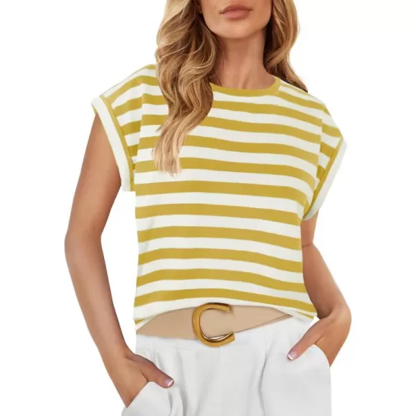 imageZESICA Womens 2024 Summer Cap Sleeve Crewneck Crop Tops Casual Loose Striped TShirts Basic TeesYellow