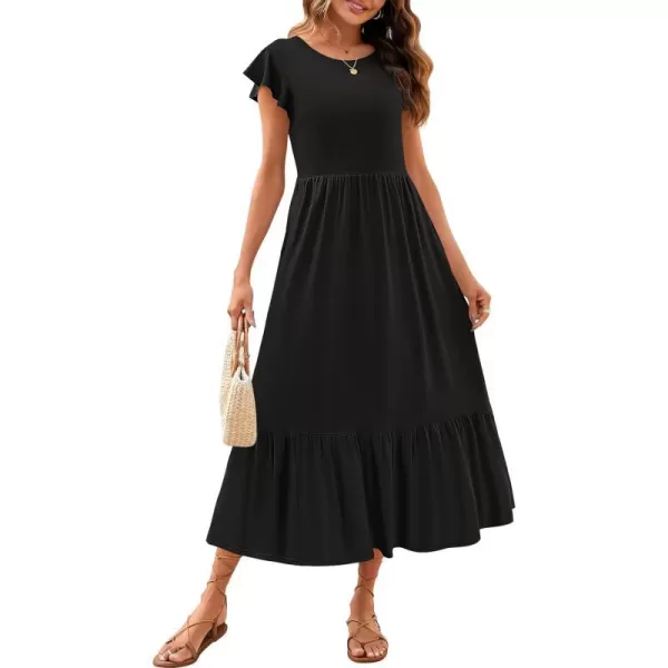 imageZESICA Womens 2024 Summer Casual Dresses Flutter Short Sleeve Crewneck Loose Flowy Tiered Beach Maxi Dress with PocketsBlack