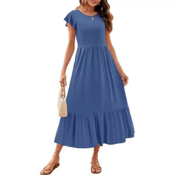 imageZESICA Womens 2024 Summer Casual Dresses Flutter Short Sleeve Crewneck Loose Flowy Tiered Beach Maxi Dress with PocketsDustyblue