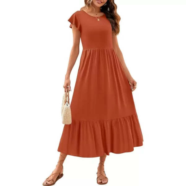 imageZESICA Womens 2024 Summer Casual Dresses Flutter Short Sleeve Crewneck Loose Flowy Tiered Beach Maxi Dress with PocketsRust