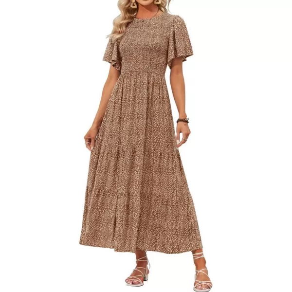 imageZESICA Womens 2024 Summer Casual Floral Print Short Flutter Sleeve Crew Neck Smocked High Waist Flowy Maxi DressBrown