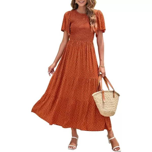 imageZESICA Womens 2024 Summer Casual Floral Print Short Flutter Sleeve Crew Neck Smocked High Waist Flowy Maxi DressCaramel
