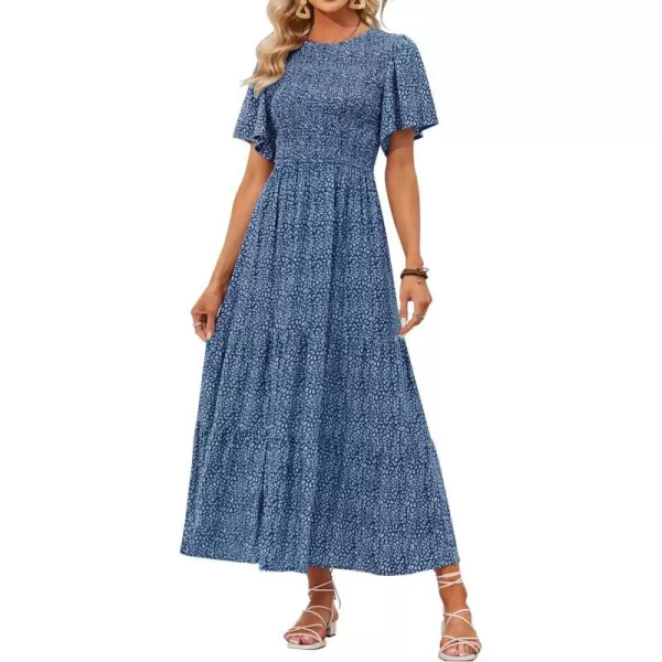 imageZESICA Womens 2024 Summer Casual Floral Print Short Flutter Sleeve Crew Neck Smocked High Waist Flowy Maxi DressDarkblue