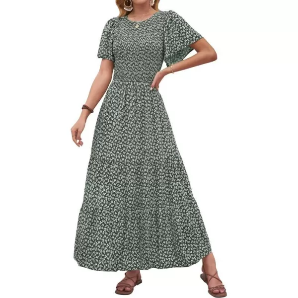 imageZESICA Womens 2024 Summer Casual Floral Print Short Flutter Sleeve Crew Neck Smocked High Waist Flowy Maxi DressDarkgreen