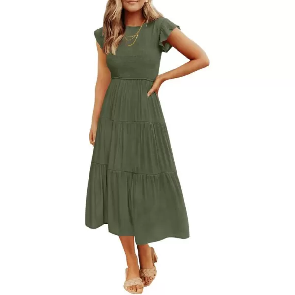 imageZESICA Womens 2024 Summer Casual Flutter Short Sleeve Crew Neck Smocked Elastic Waist Tiered Midi DressArmy Green