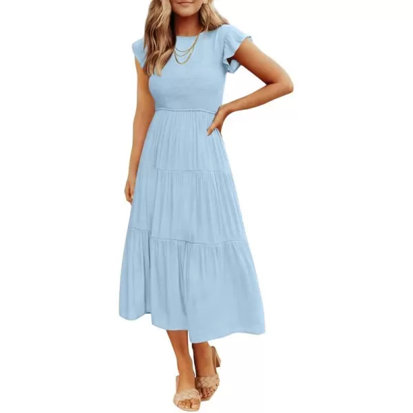 imageZESICA Womens 2024 Summer Casual Flutter Short Sleeve Crew Neck Smocked Elastic Waist Tiered Midi DressBlue